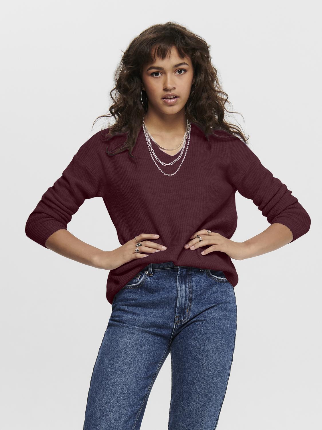 Onlcamilla V-Neck L/s Pullover Knt Noos Mørkerød