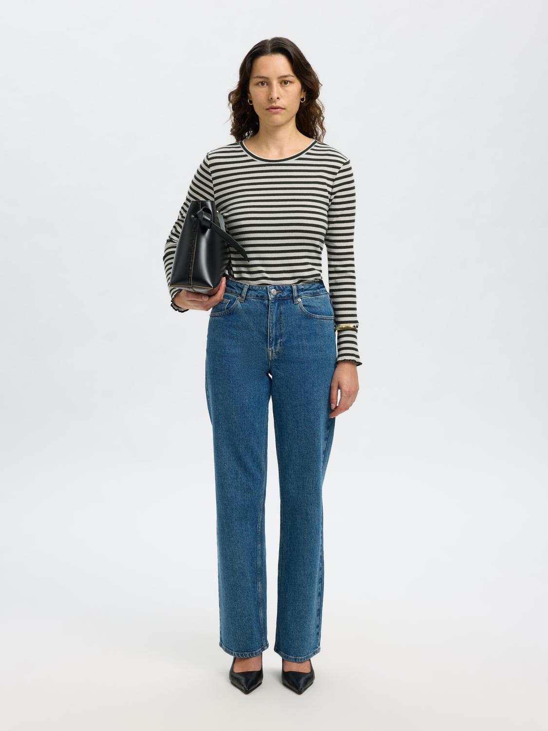 Slfanna Ls Crew Neck Tee Str Noos Mørkegrønn
