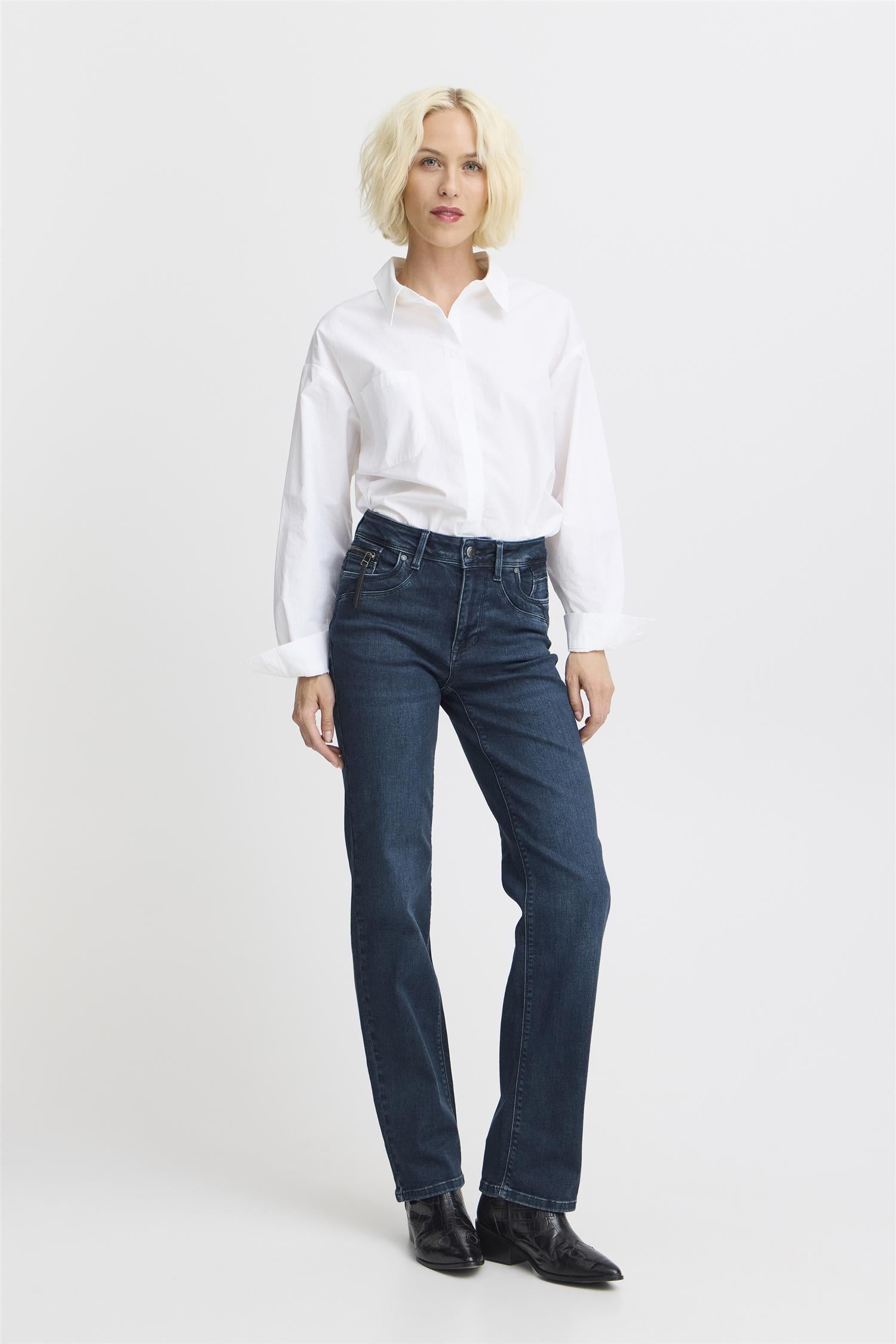 Pzkarolina Hw Jeans Straight Leg Dark Blue Denim