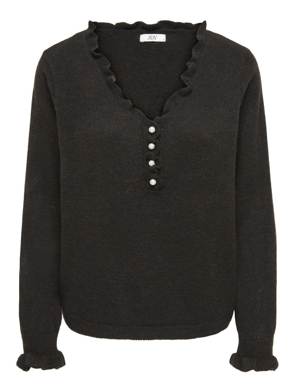 Jdyletty L/s V-Neck Frill Pullover Knt Mørkebrun
