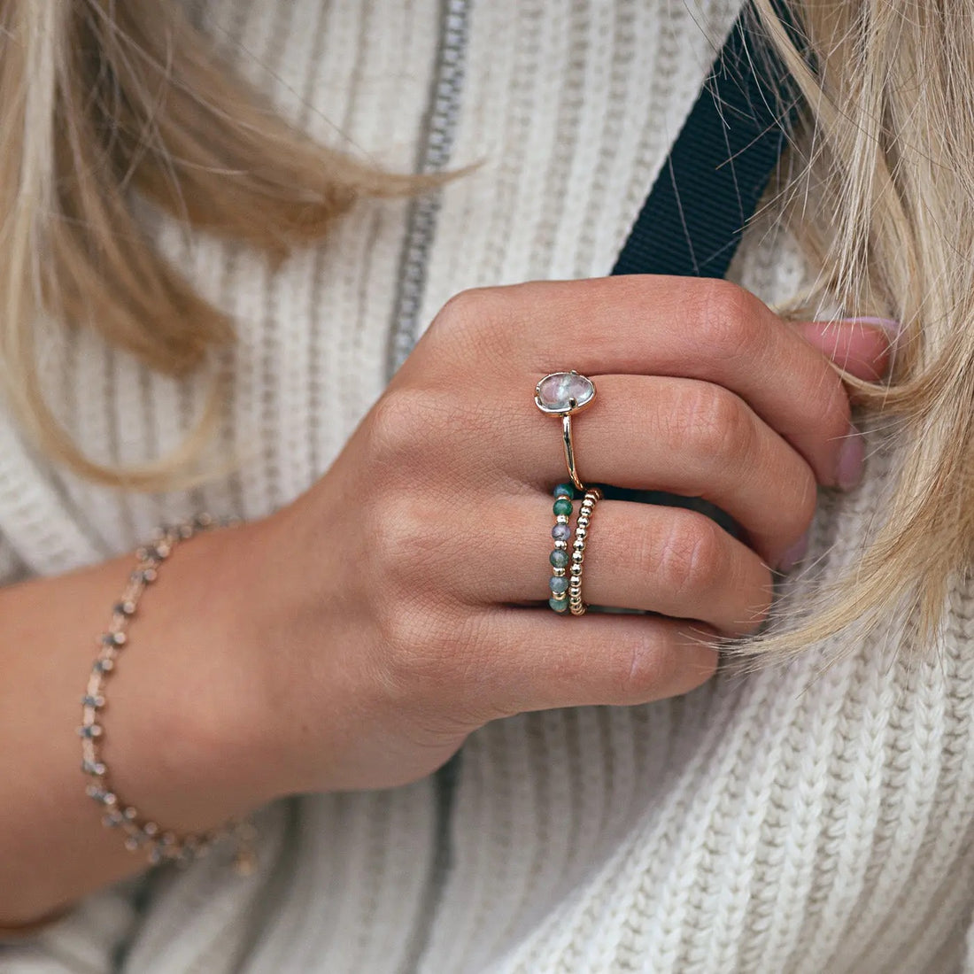Stone and Bead Ring - Green Jade
