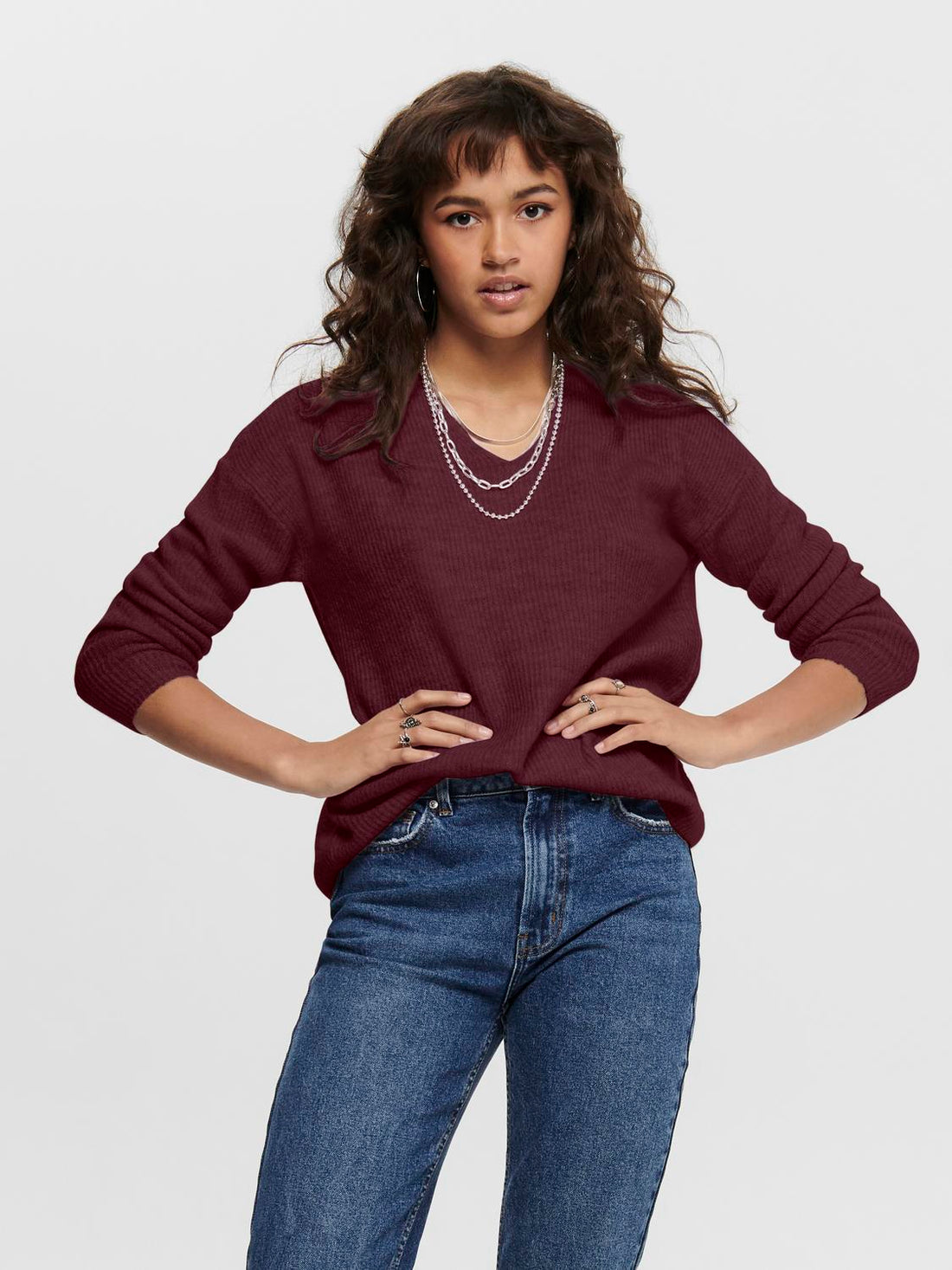 Onlcamilla V-Neck L/s Pullover Knt Noos Mørkerød