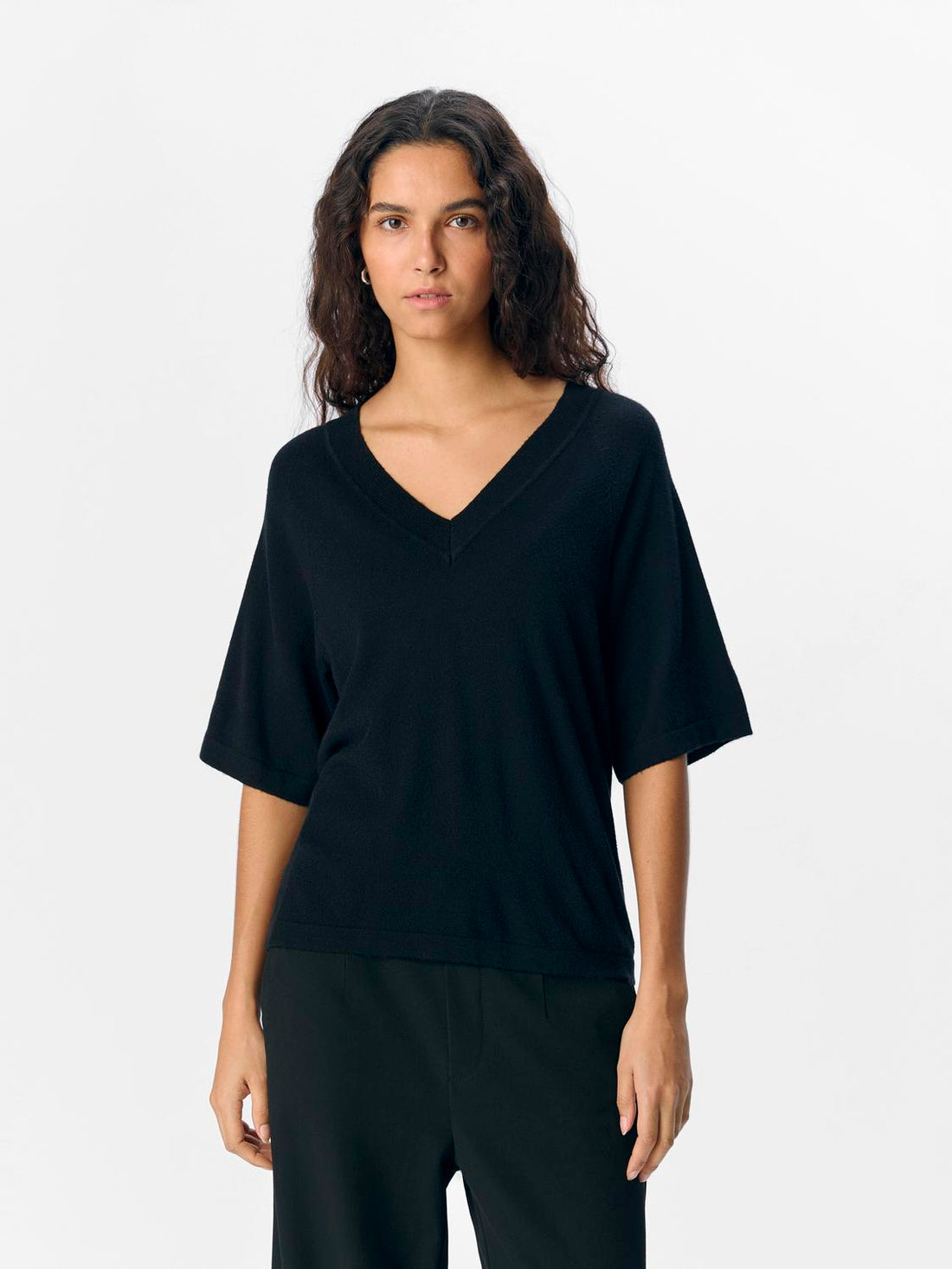 OBJTHESS 2/4 LO V-NECK KNIT TOP NOOS Sort