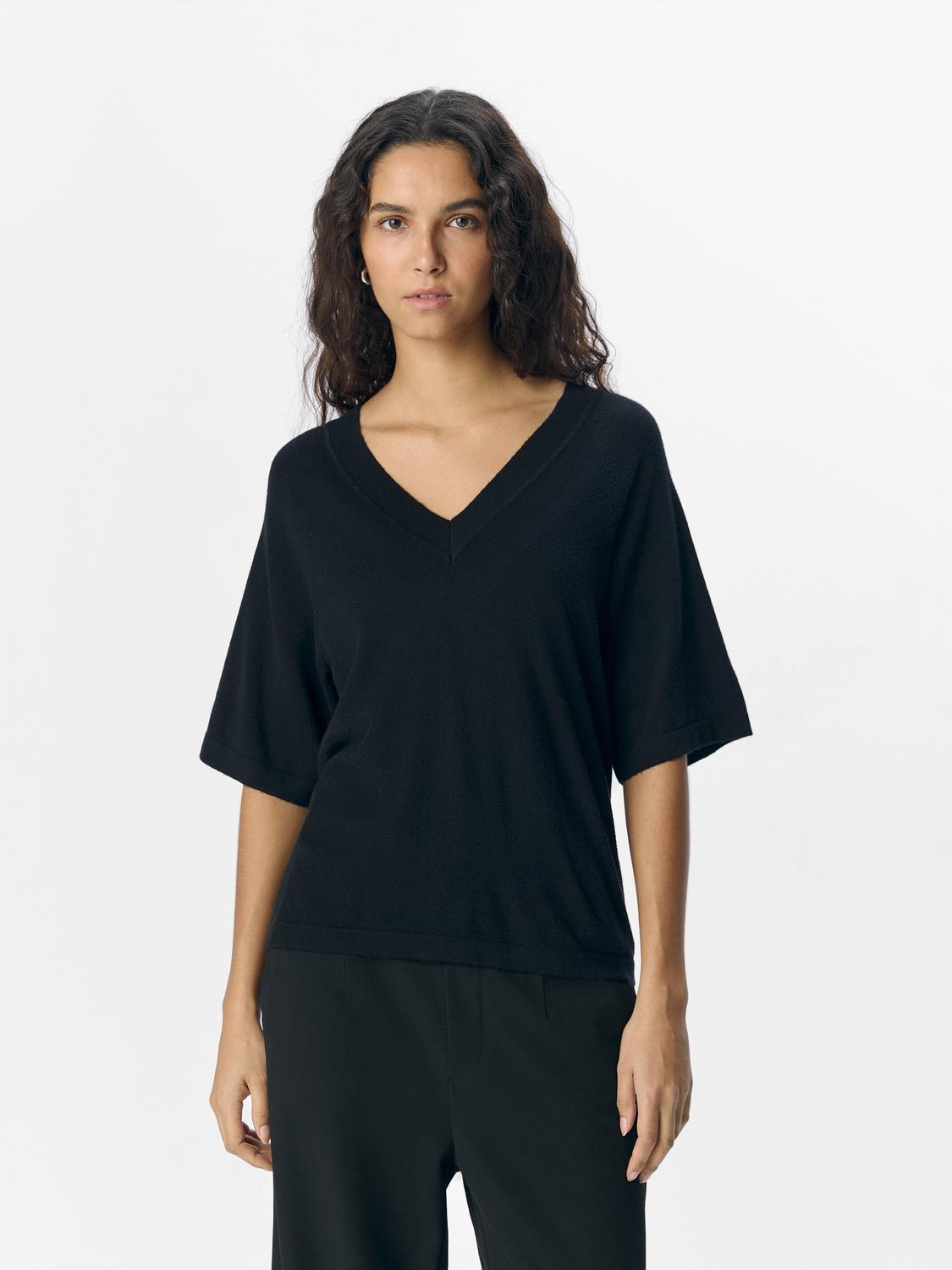 OBJTHESS 2/4 LO V-NECK KNIT TOP NOOS Sort