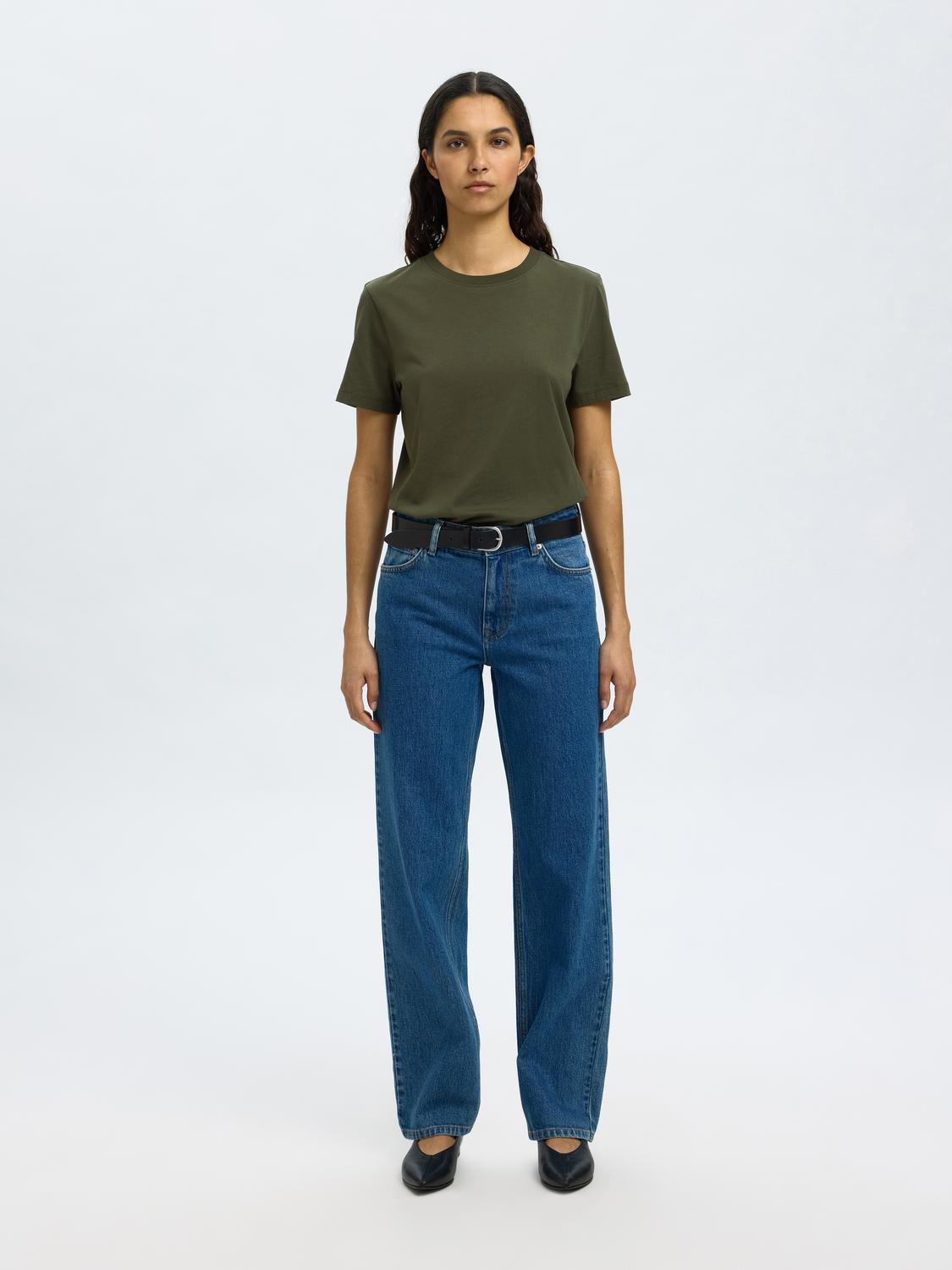 Slfmyessential Ss O-Neck Tee Noos Mørkegrønn