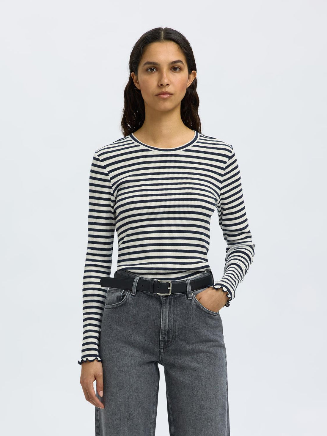 SLFANNA LS CREW NECK TEE STR NOOS Mørkeblå