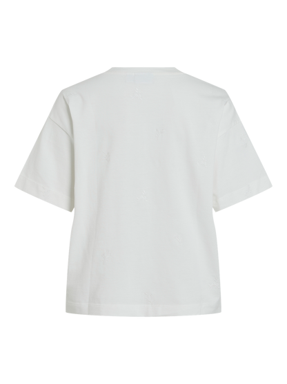VIMONIE FLOWER EMB S/S O-NECK Klar Hvit