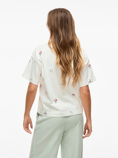 VIMONIE FLOWER EMB S/S O-NECK Klar Hvit