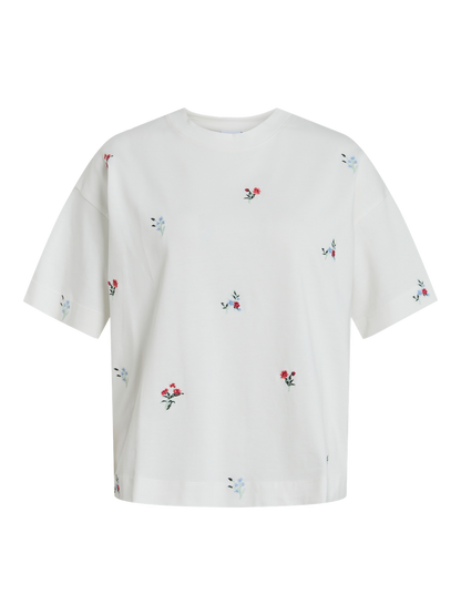 VIMONIE FLOWER EMB S/S O-NECK Klar Hvit