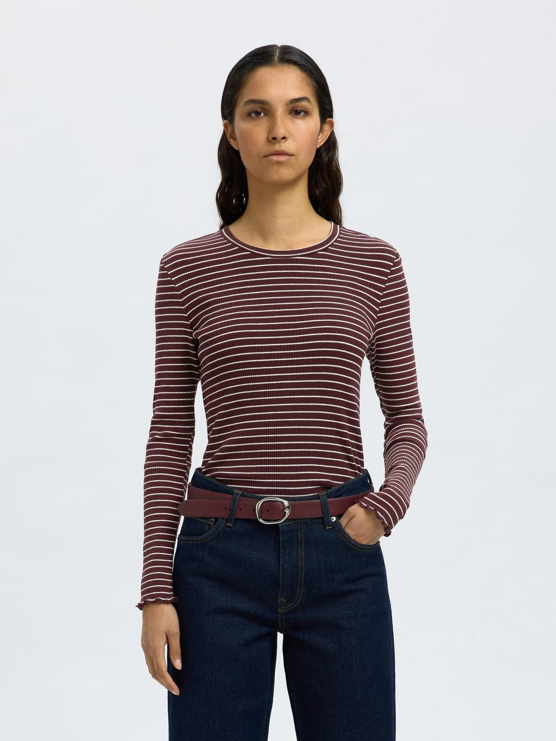 SLFANNA LS CREW NECK TEE STR NOOS Burgunder