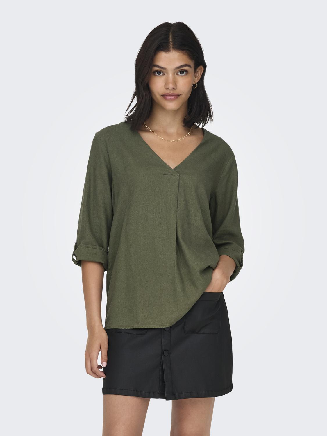 JDYSAY 3/4 LINEN V-NECK TOP WVN DIA Mellomgrønn