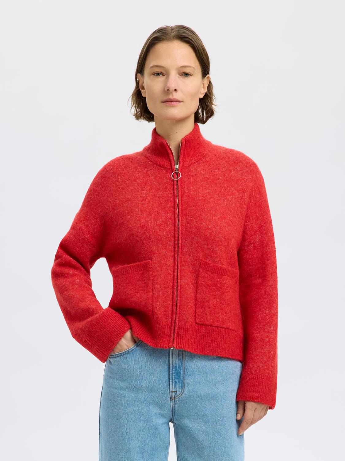 SLFSIA RAS LS KNIT ZIPPER CARDIGAN NOOS Mørkerød
