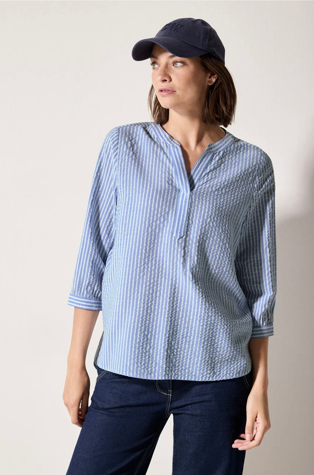 Seersucker splitneck blouse Lyseblå