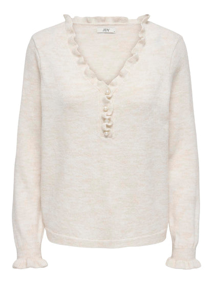 Jdyletty L/s V-Neck Frill Pullover Knt Offwhite