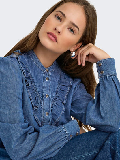 Onldasha-Sevigny L/s Frill Shirt Dnm Akm Mellomblå