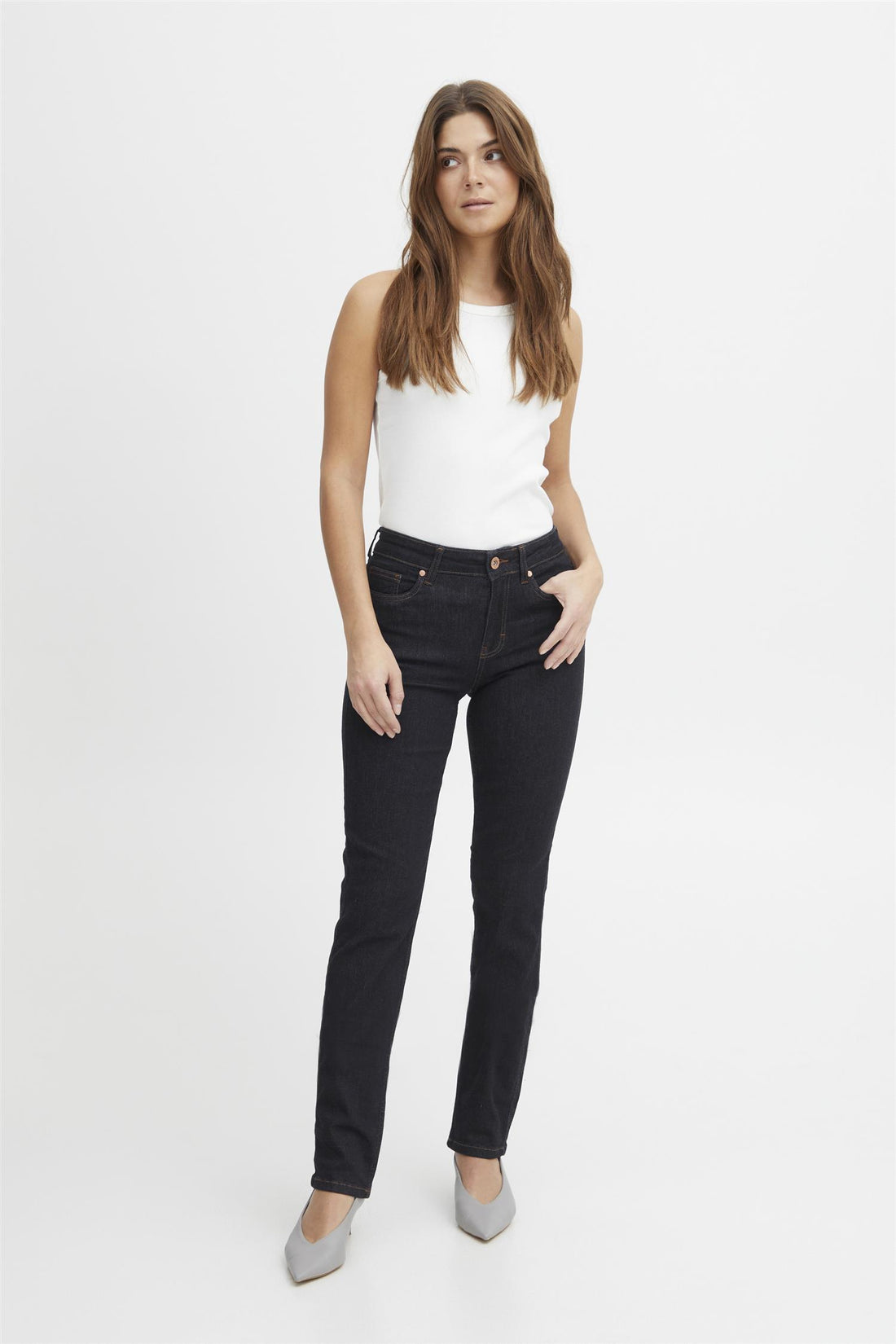 Pzemma Hw Jeans Medium Straight Leg Un-Wash Dark Blue Denim