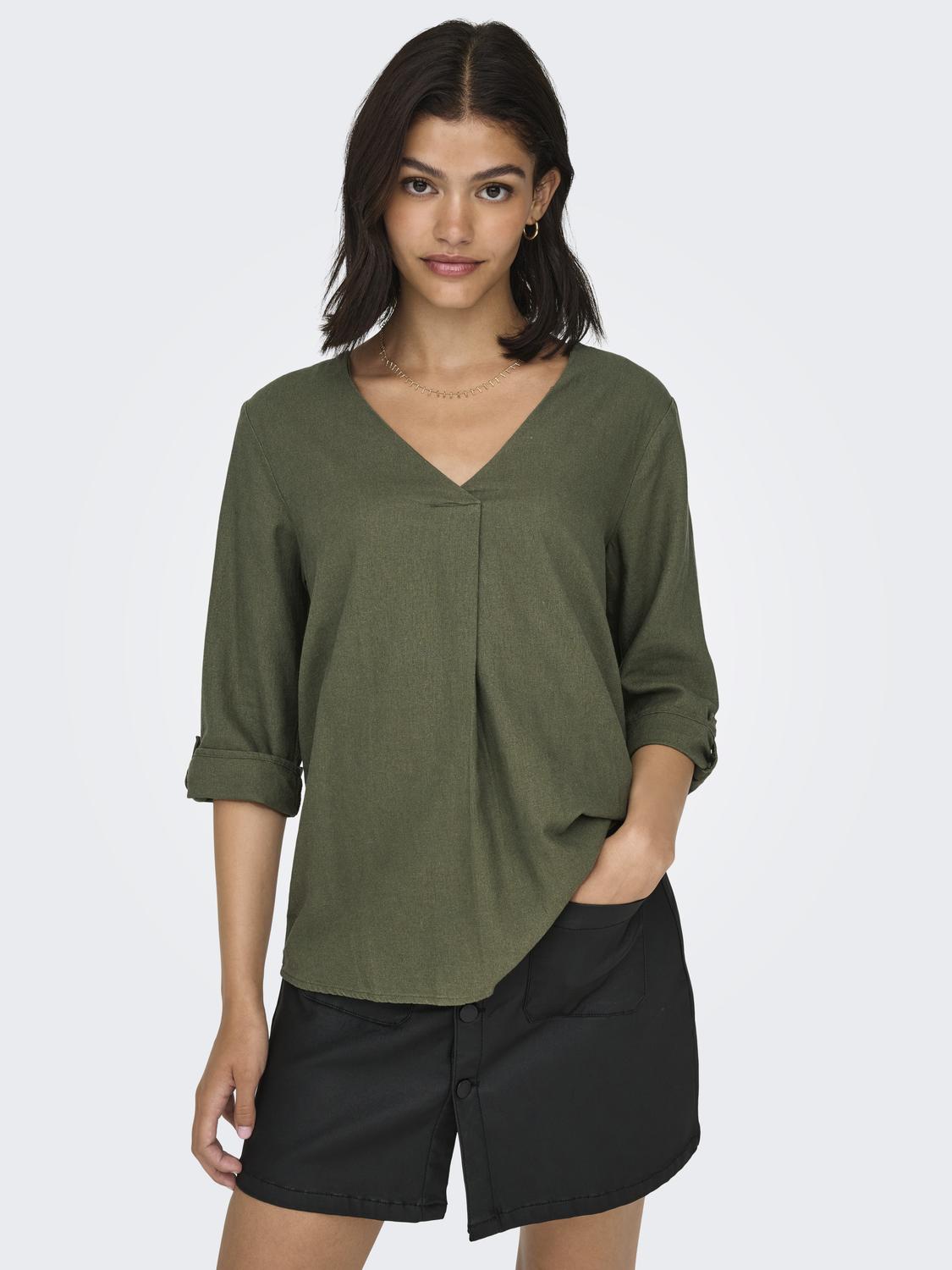 JDYSAY 3/4 LINEN V-NECK TOP WVN DIA Mellomgrønn