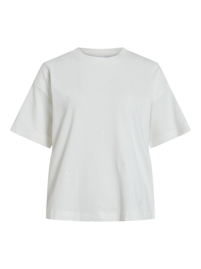 VIMONIE FLOWER EMB S/S O-NECK Klar Hvit
