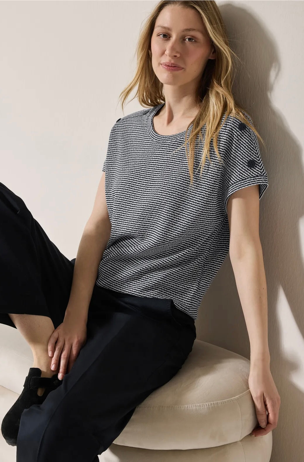 STRIPED crepe button t-shirt Mørkeblå