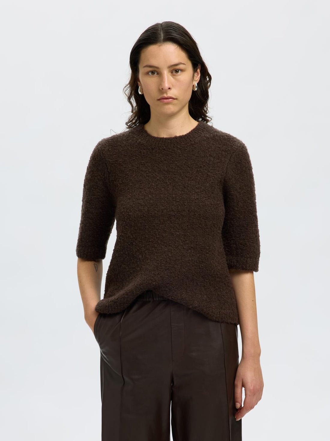 Slflelou 2/4 Knit O-Neck Mørkebrun