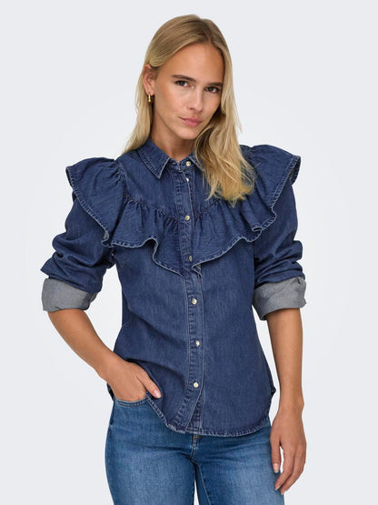 ONLINDIGO LS FRILL DNM SHIRT QYT NOOS Mørkeblå