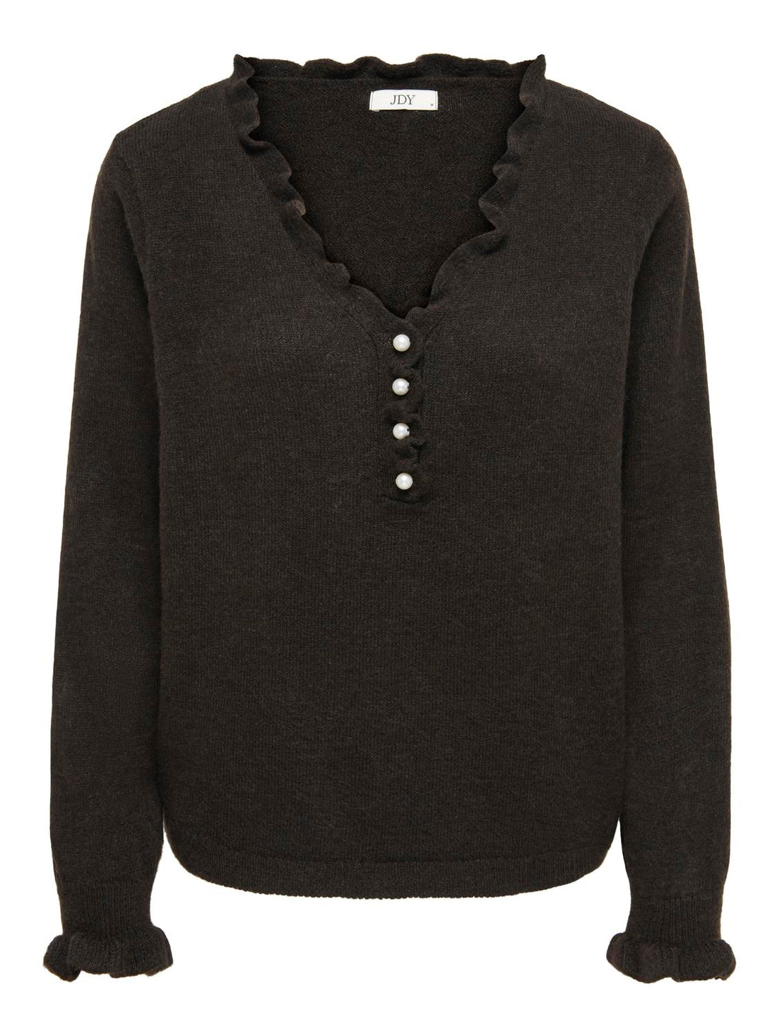 Jdyletty L/s V-Neck Frill Pullover Knt Mørkebrun