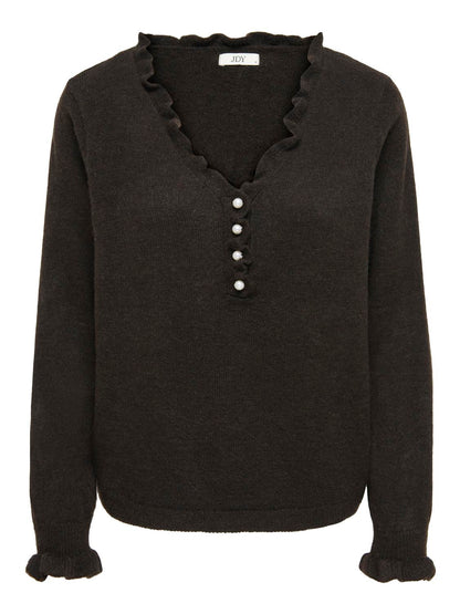 Jdyletty L/s V-Neck Frill Pullover Knt Mørkebrun